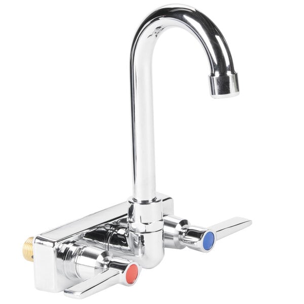A silver Advance Tabco wall mount faucet with blade handles and red and blue accents.