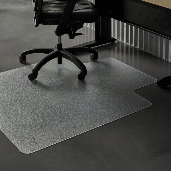 A black office chair with wheels on a clear ES Robbins EverLife chair mat.