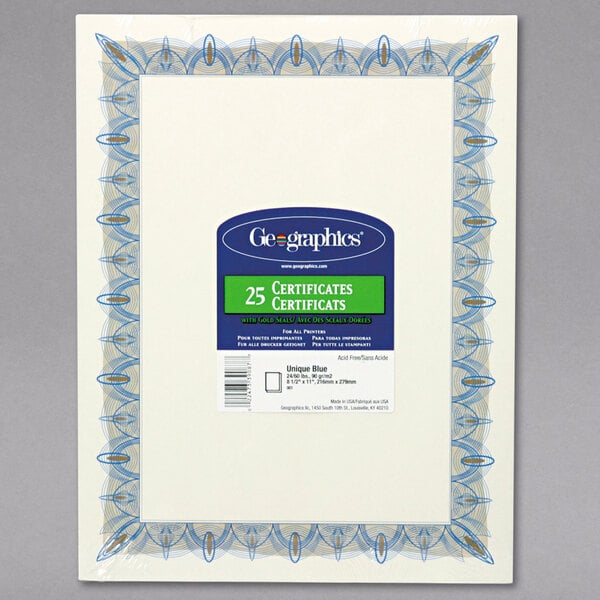 A white Geographics certificate with a blue and gold border and white parchment paper.
