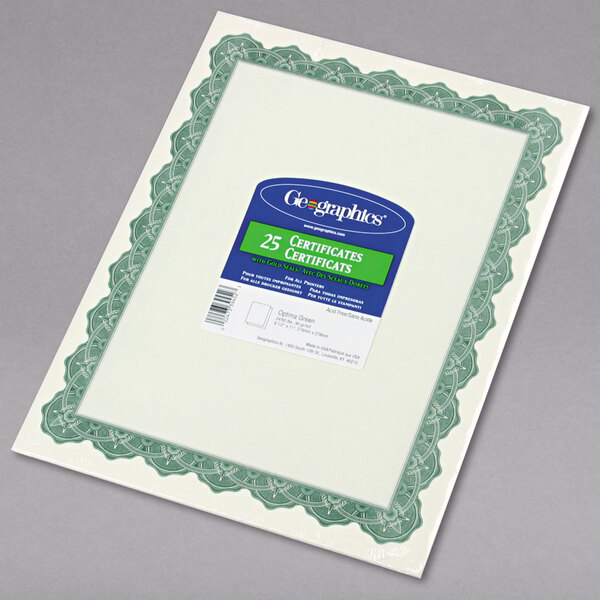 A white certificate with green Optima border.