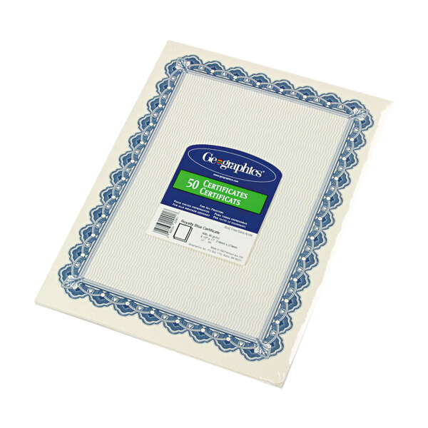 Geographics white certificate paper with blue royalty border.
