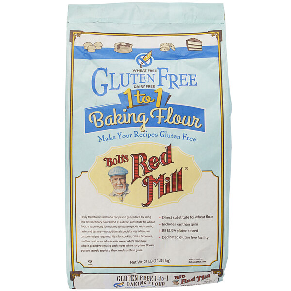 A close up of a Bob's Red Mill bag of gluten-free baking flour.