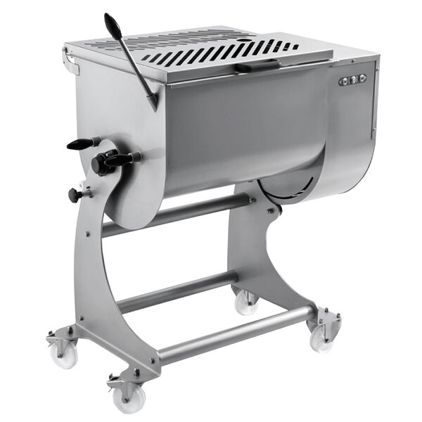 An Omcan stainless steel heavy-duty electric meat mixer with a metal stand.