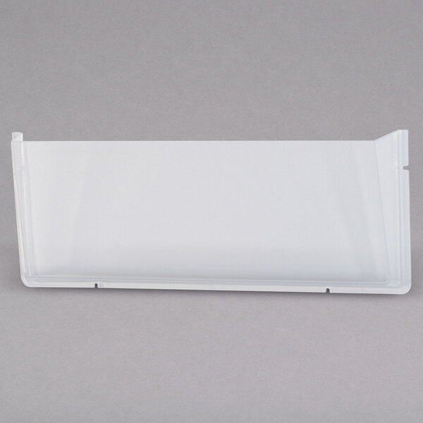 A clear plastic Deflecto wall file holder for legal documents on a white surface with black lines.