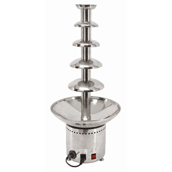 A stainless steel Omcan chocolate fountain with five tiers.