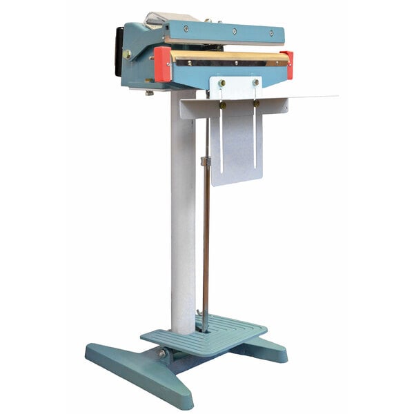 An Omcan foot-operated bag sealer on a stand.