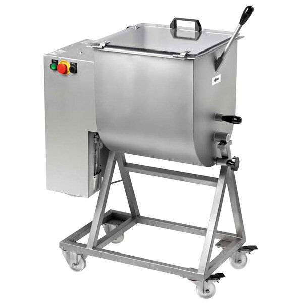 An Omcan heavy-duty electric meat mixer on wheels with a stainless steel container and a lid.