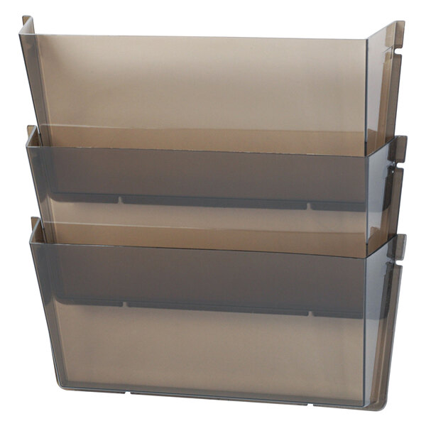 A clear plastic wall file with three pockets.