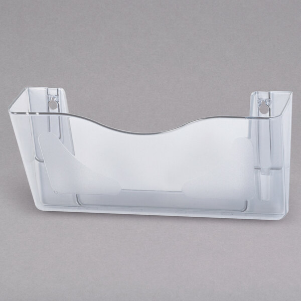 A Deflecto clear plastic wall hanging file pocket for tabloid sized papers.