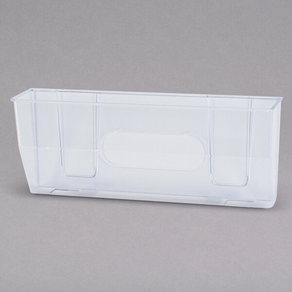 A clear plastic Deflecto magnetic file holder.