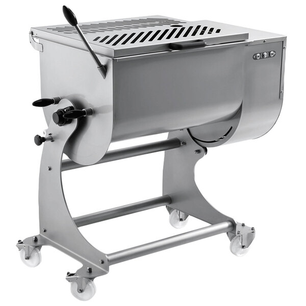 An Omcan stainless steel electric meat mixer on a metal stand.