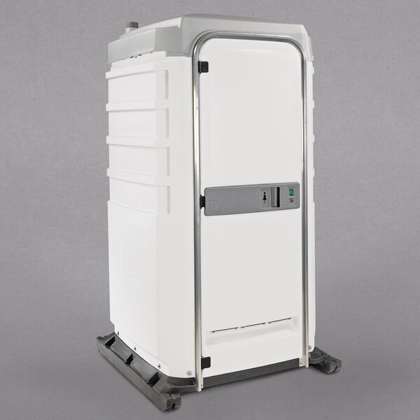 A white PolyJohn portable restroom with a silver handle.
