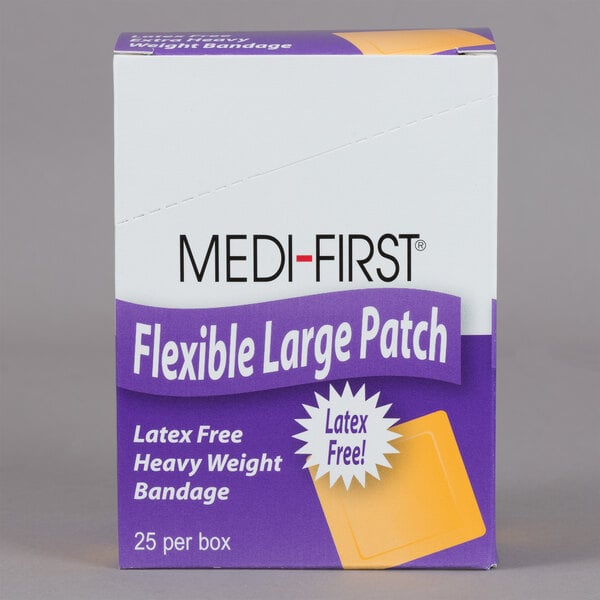 A close up of a Medi-First woven adhesive bandage patch in a white box with purple text.