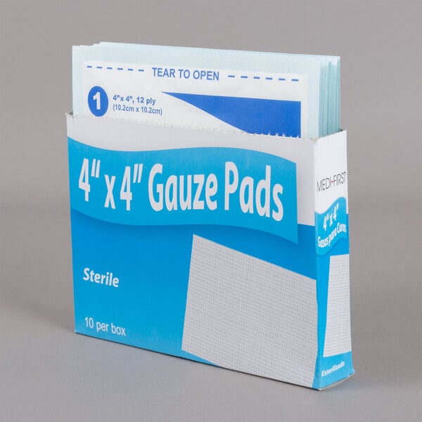 A box of 10 Medi-First sterile gauze pads.