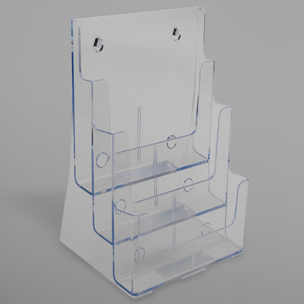 A clear plastic Deflecto magazine holder with three compartments.
