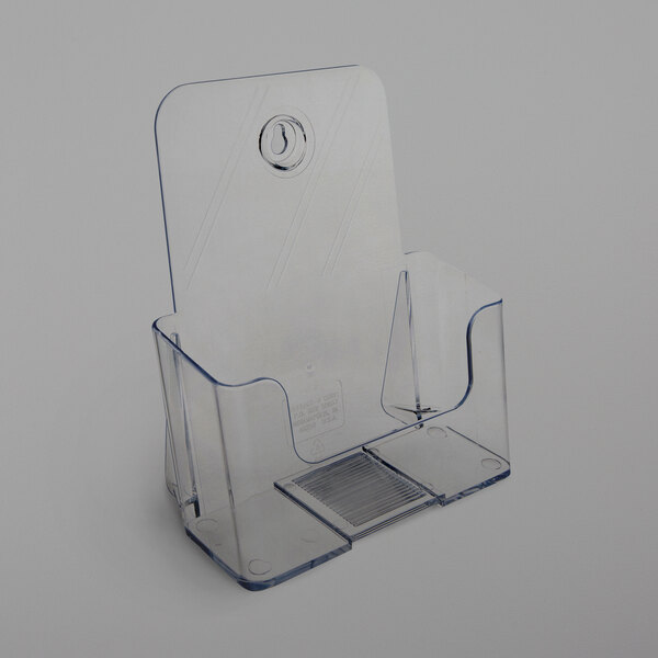 A clear plastic Deflecto literature holder on a counter.