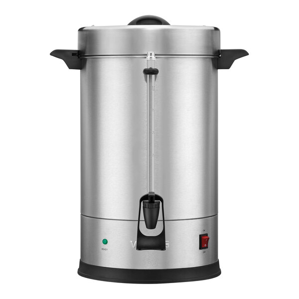 A silver stainless steel Waring commercial coffee urn with a black handle.