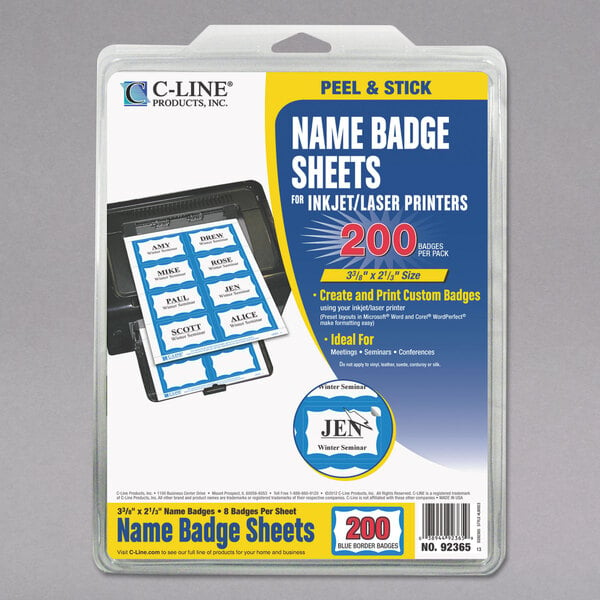 A package of white name badges with blue borders on a C-Line label.