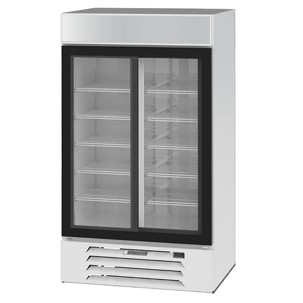 A white Beverage-Air MarketMax glass door refrigerator with two shelves.