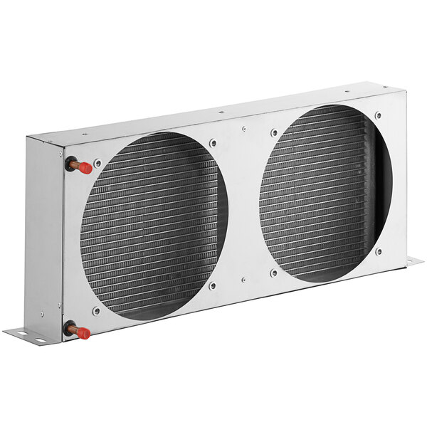 A metal Avantco condenser coil with two round holes.