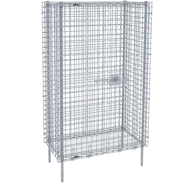 A chrome wire security cage with a door.