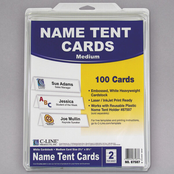 A plastic package of white C-Line tent cards with embossed white borders.