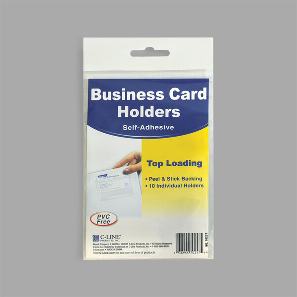 A close-up of a C-Line clear plastic business card holder with a label.