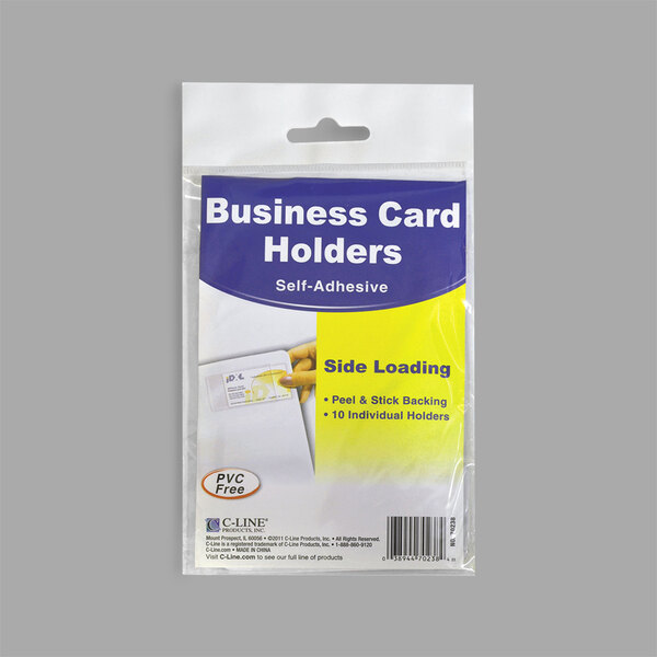 A package of 10 C-Line clear plastic side load business card holders.