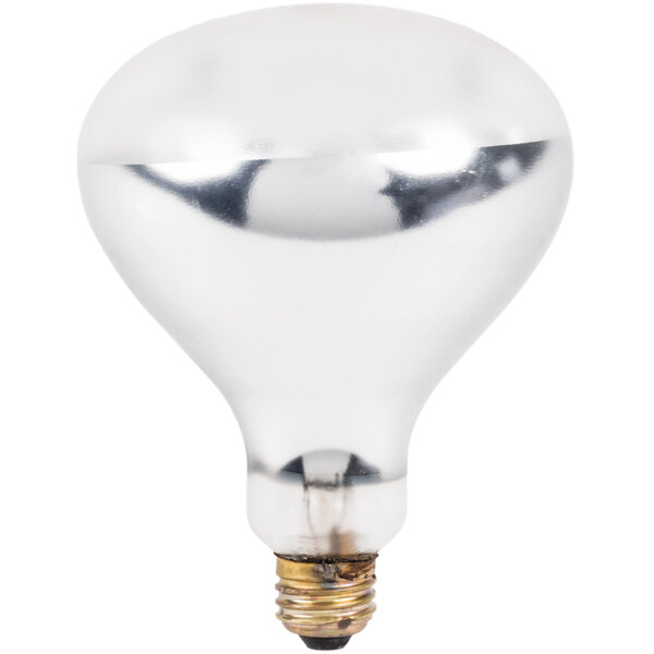 A close-up of a clear shatterproof heating bulb with a silver base.