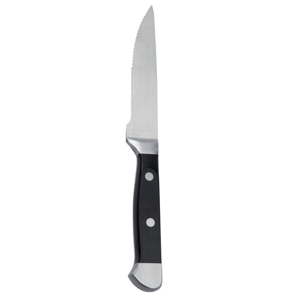 An American Metalcraft stainless steel serrated steak knife with a black handle.