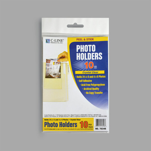 A package of 10 C-Line clear photo holders with a close-up of the photo holder package.