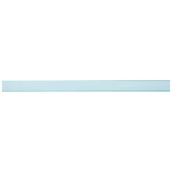 A blue rectangular shelf tag holder on a white background.