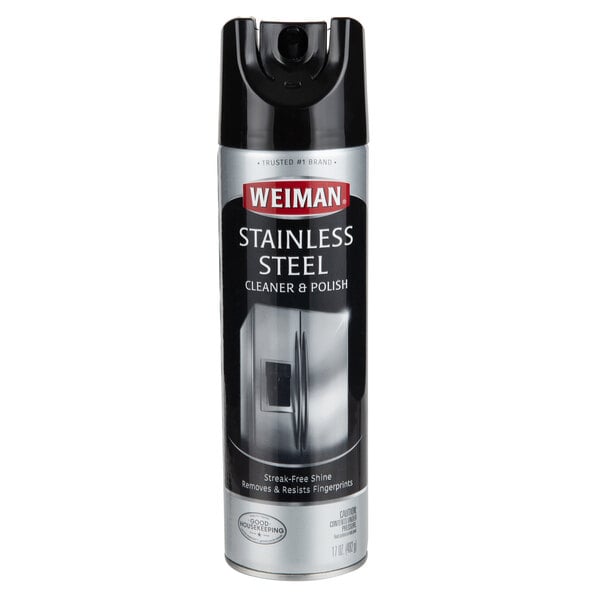 A black aerosol can of Weiman Stainless Steel Cleaner and Polish with white text.