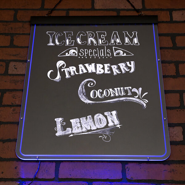 An Aarco lighted write-on markerboard with neon signs for ice cream, strawberry, lemon and strawberry on a white background.