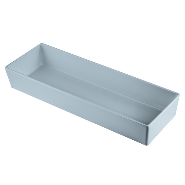 A Tablecraft gray cast aluminum rectangular container with straight sides.