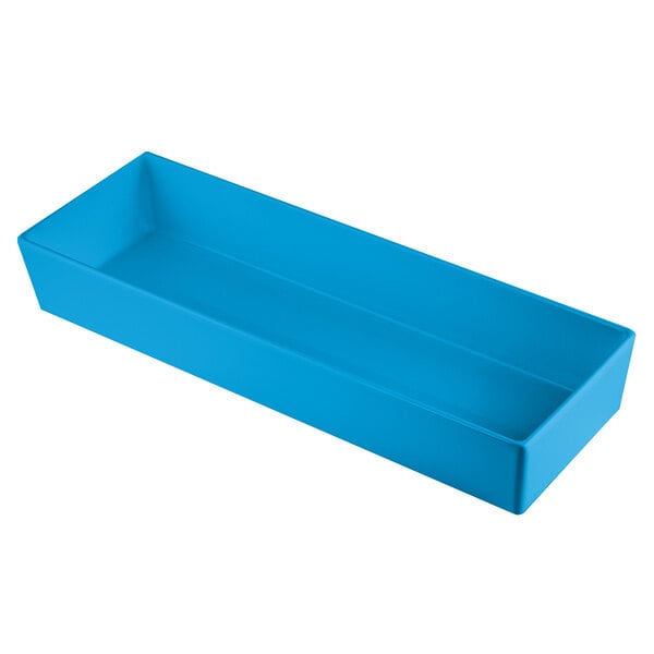A Tablecraft sky blue rectangular cast aluminum bowl.