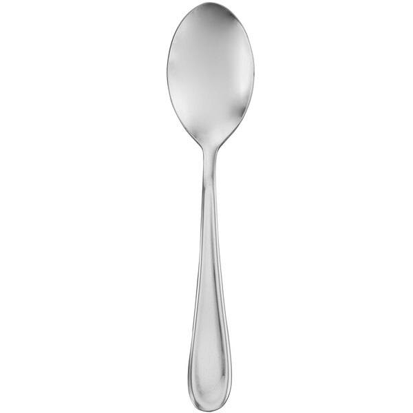 A close-up of a Walco stainless steel tea spoon with a white handle.