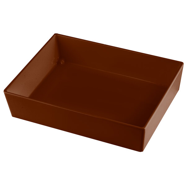 A Tablecraft brown cast aluminum rectangular bowl.