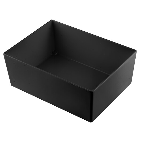 A black rectangular Tablecraft cast aluminum bowl with straight sides.