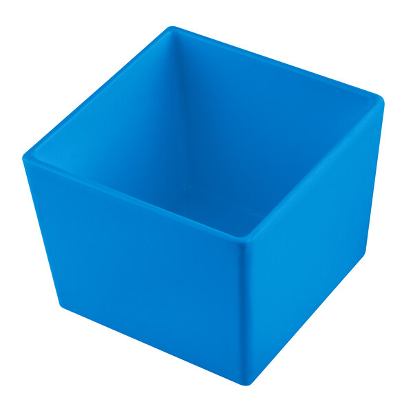 A blue square Tablecraft bowl with a white background.