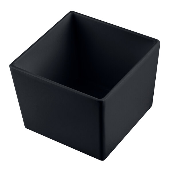 A Tablecraft black square cast aluminum bowl with straight sides.