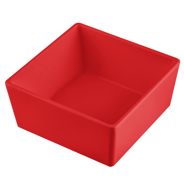 A red square Tablecraft container with straight sides.