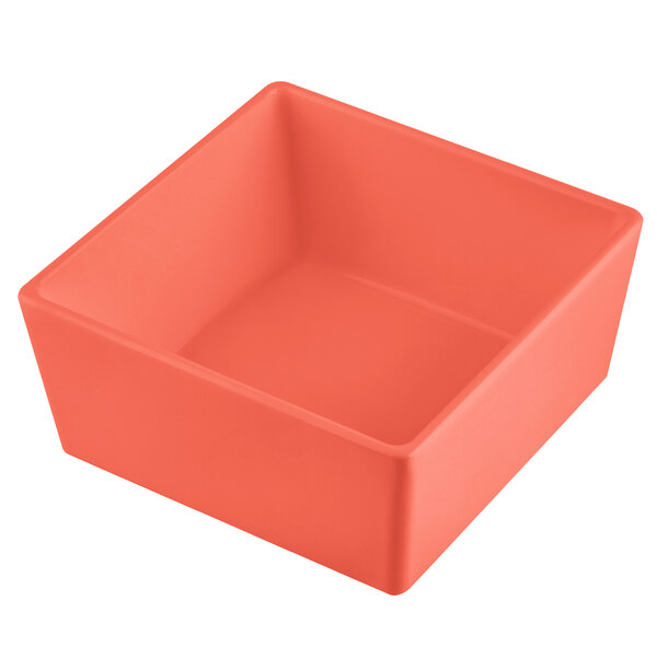 A square orange Tablecraft bowl with straight sides on a white background.