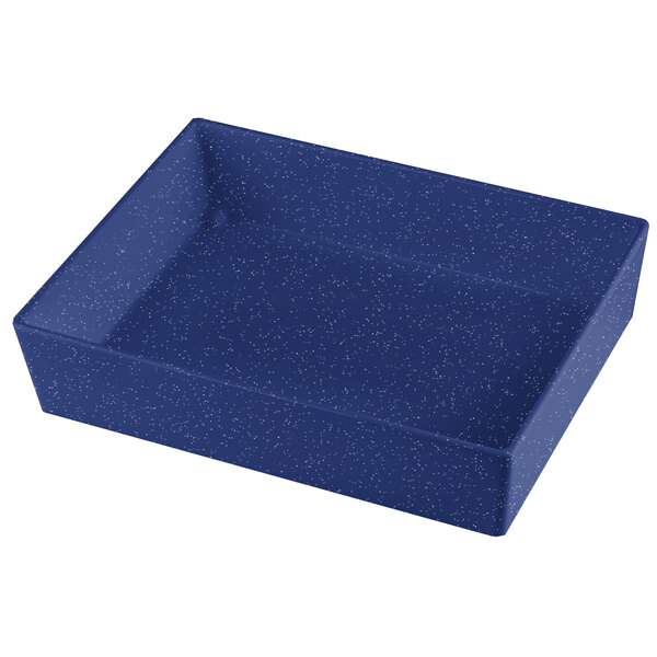 A blue rectangular Tablecraft bowl with speckled surface.