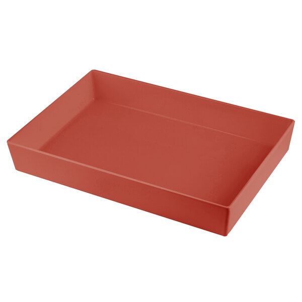 A red rectangular Tablecraft bowl with a white background.
