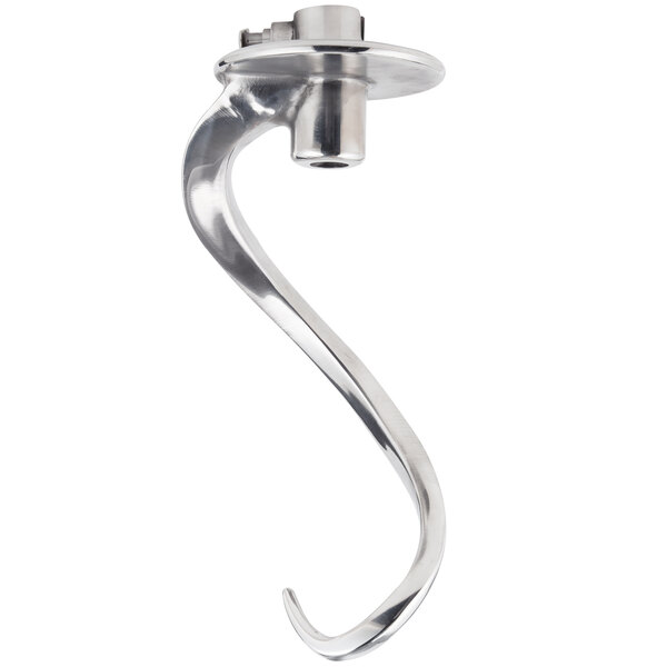 A close-up of a stainless steel Hobart dough hook with a curved end.