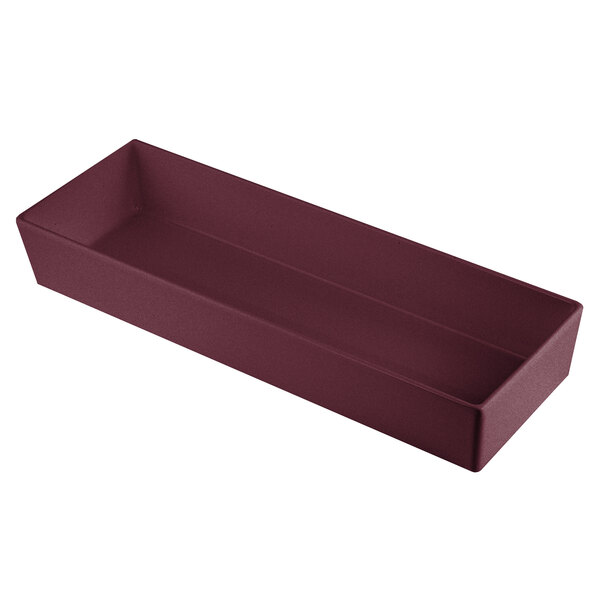 A maroon rectangular Tablecraft bowl with straight sides.