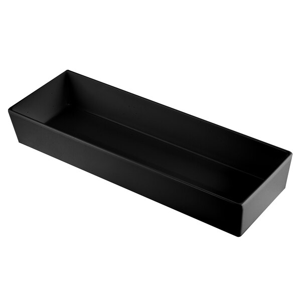 A Tablecraft black cast aluminum rectangular bowl with straight sides.