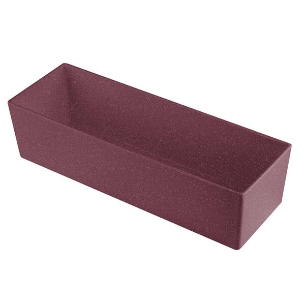 A Tablecraft maroon rectangular cast aluminum bowl with a speckled surface.