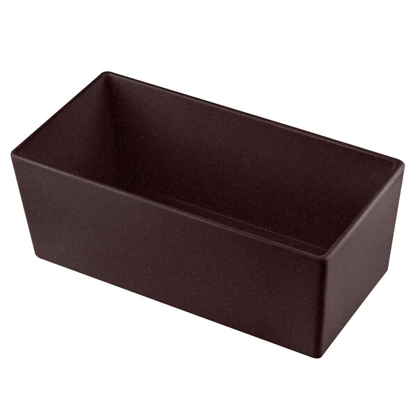 A Tablecraft midnight speckle rectangular black cast aluminum bowl with straight sides.
